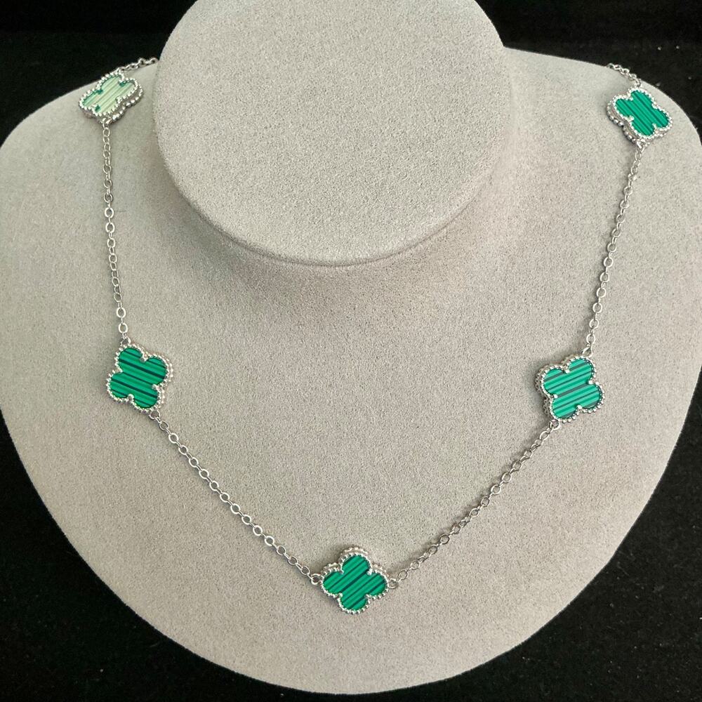 Beautiful Double Sided CLOVER Necklace- Malachite -Adjustable 16in-20in-NEW